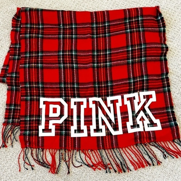 Victoria's Secret Pink Holiday Blanket Scarf Red Plaid Fringe Soft Christmas - Picture 1 of 7